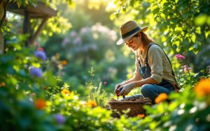un-jardinier-utilisant-des-outils-dans-un-jardin-verdoyant-entoure-de-plantes-et-de-fleurs-colorees-sous-une-lumiere-naturelle-filtree-a-travers-les-feuillages