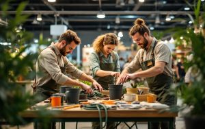 Équipe de jardiniers d’une marque alsacienne préparant du matériel de démonstration pour un salon professionnel, sur un stand B2B avec outils et jardinières organisés.