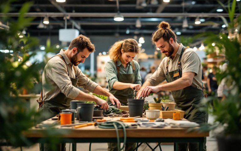 Équipe de jardiniers d’une marque alsacienne préparant du matériel de démonstration pour un salon professionnel, sur un stand B2B avec outils et jardinières organisés.