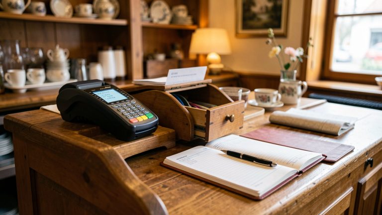Intérieur d’un café alsacien chaleureux et réaliste, avec un terminal de paiement sans contact, une caisse en espèces ouverte et un carnet comptable sur le comptoir.