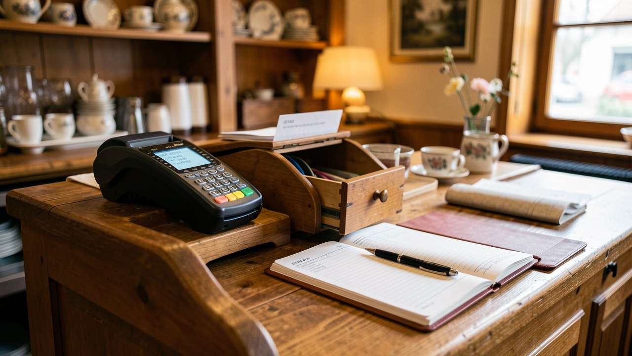Intérieur d’un café alsacien chaleureux et réaliste, avec un terminal de paiement sans contact, une caisse en espèces ouverte et un carnet comptable sur le comptoir.