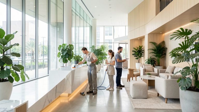 Hall lumineux de bureaux modernes avec une équipe d’entretien discrète, des plantes vertes et des surfaces impeccables.