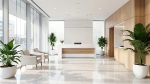 Hall d’entreprise moderne et lumineux avec mobilier élégant, plantes vertes et surfaces impeccablement entretenues.