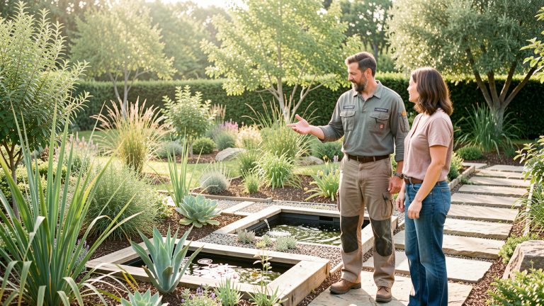 Un paysagiste présente un jardin écologique soigneusement entretenu à une cliente dans une ambiance professionnelle et lumineuse.