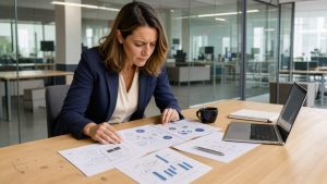 Une dirigeante de startup française examine des graphiques financiers et des schémas abstraits de capitalisation dans un bureau lumineux.