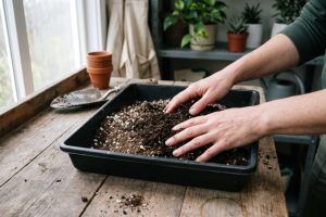 Mains mélangeant de la perlite avec du terreau dans un bac de rempotage.